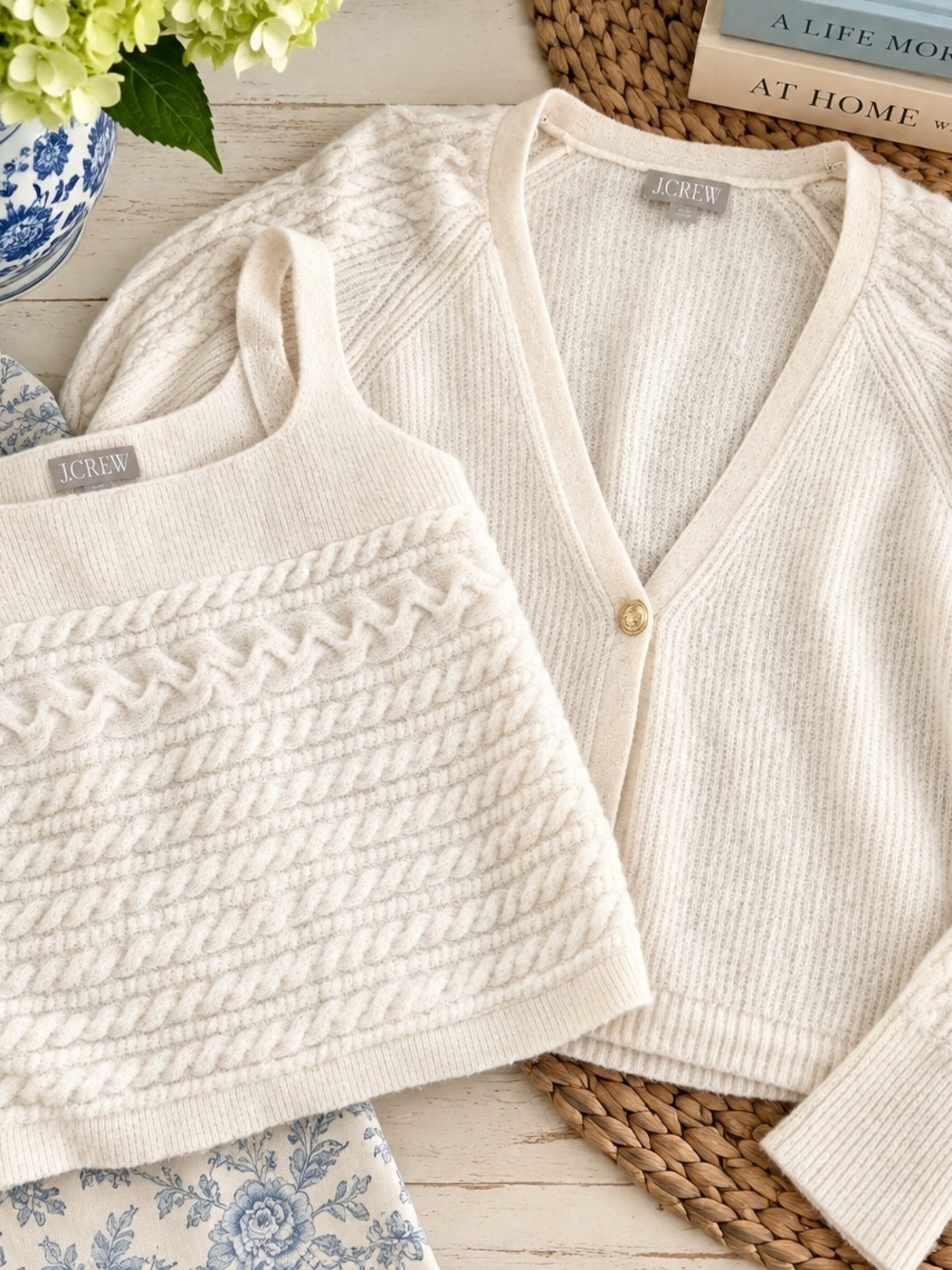 J. Crew Cream Cropped Cable-Knit Tank & Cardigan Set Merino Alpaca Blend XL